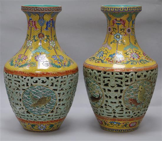Two Chinese double walled fish vases